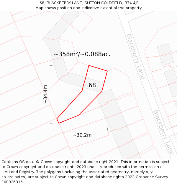 68, BLACKBERRY LANE, SUTTON COLDFIELD, B74 4JF: Plot and title map