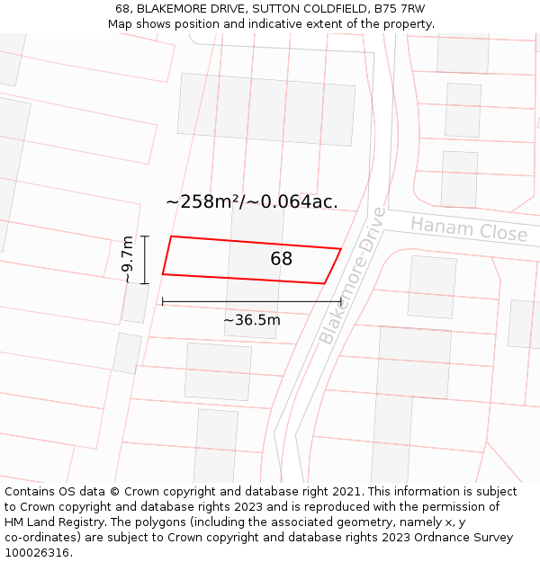 68, BLAKEMORE DRIVE, SUTTON COLDFIELD, B75 7RW: Plot and title map