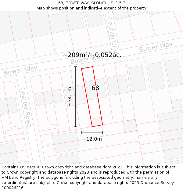 68, BOWER WAY, SLOUGH, SL1 5JB: Plot and title map