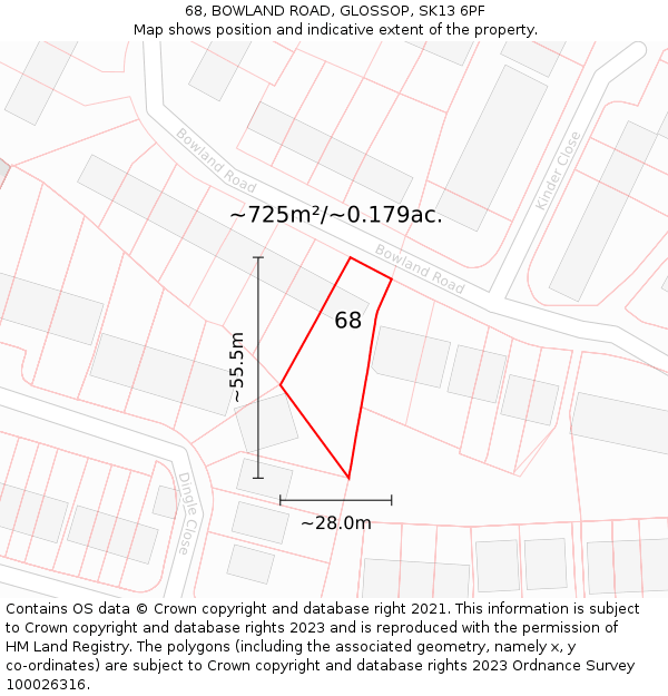 68, BOWLAND ROAD, GLOSSOP, SK13 6PF: Plot and title map