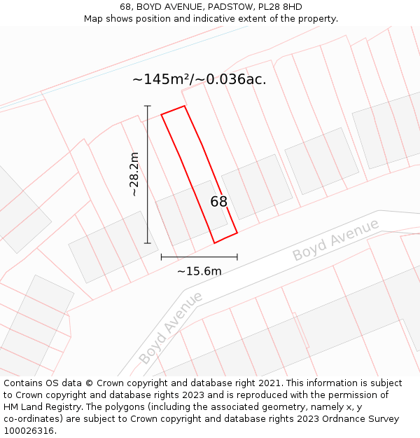 68, BOYD AVENUE, PADSTOW, PL28 8HD: Plot and title map