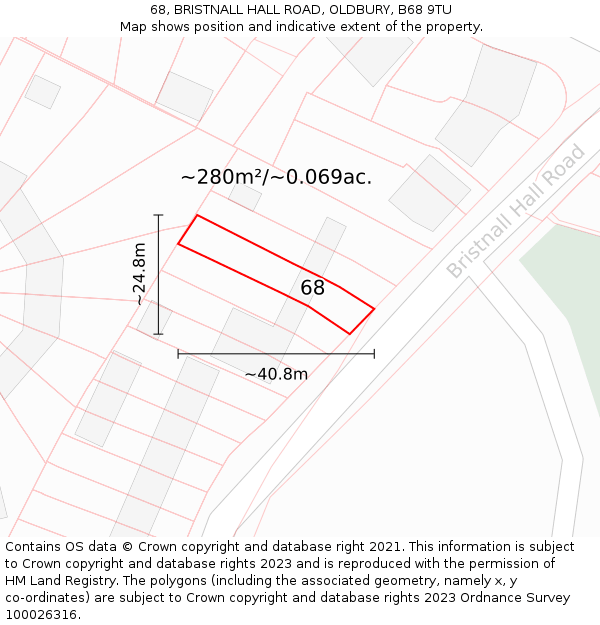 68, BRISTNALL HALL ROAD, OLDBURY, B68 9TU: Plot and title map