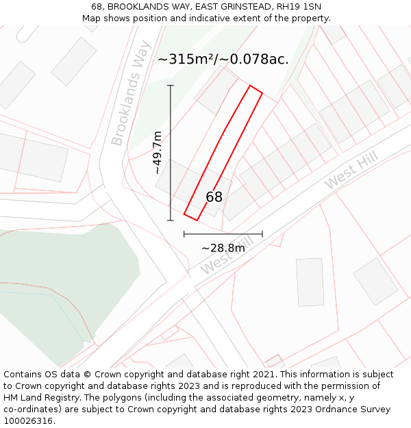 68, BROOKLANDS WAY, EAST GRINSTEAD, RH19 1SN: Plot and title map