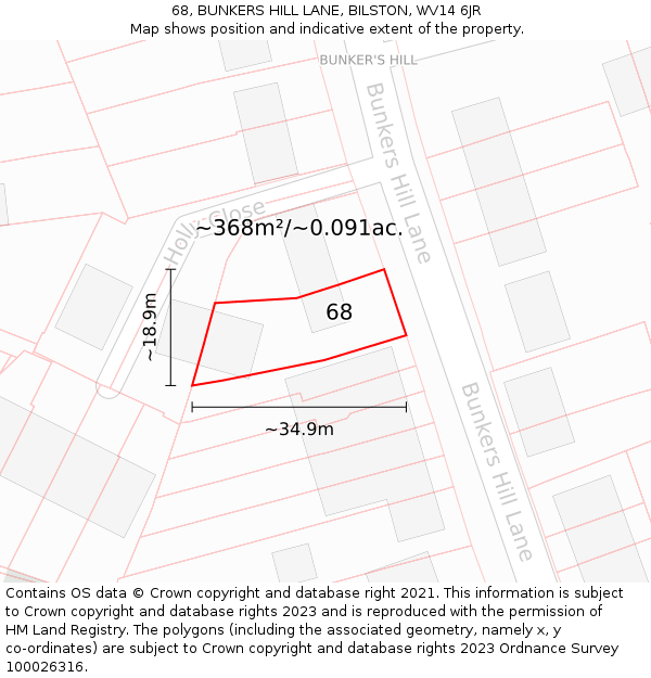 68, BUNKERS HILL LANE, BILSTON, WV14 6JR: Plot and title map