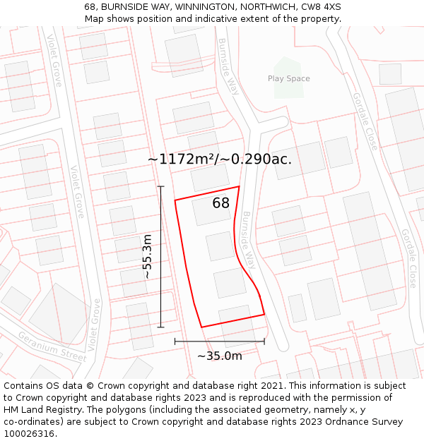 68, BURNSIDE WAY, WINNINGTON, NORTHWICH, CW8 4XS: Plot and title map