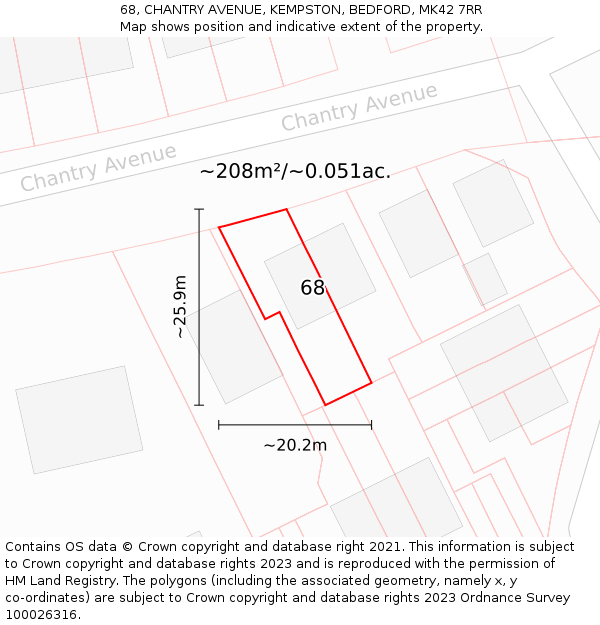 68, CHANTRY AVENUE, KEMPSTON, BEDFORD, MK42 7RR: Plot and title map