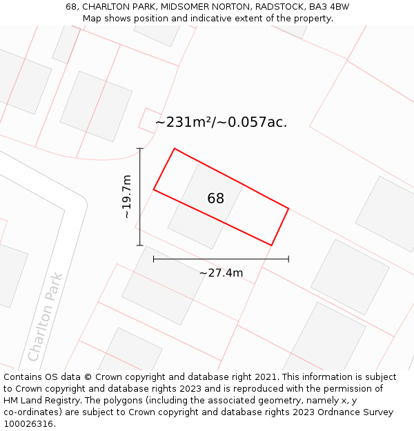 68, CHARLTON PARK, MIDSOMER NORTON, RADSTOCK, BA3 4BW: Plot and title map