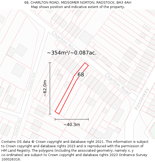 68, CHARLTON ROAD, MIDSOMER NORTON, RADSTOCK, BA3 4AH: Plot and title map