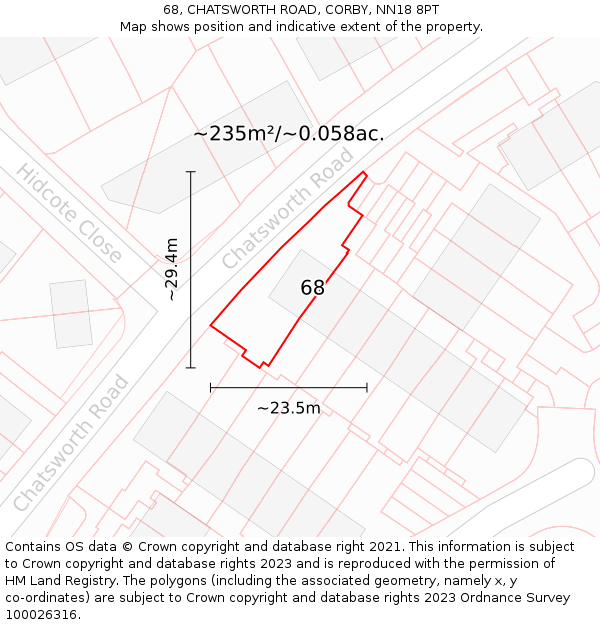 68, CHATSWORTH ROAD, CORBY, NN18 8PT: Plot and title map