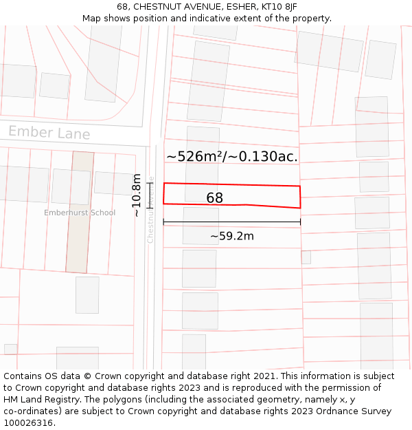 68, CHESTNUT AVENUE, ESHER, KT10 8JF: Plot and title map