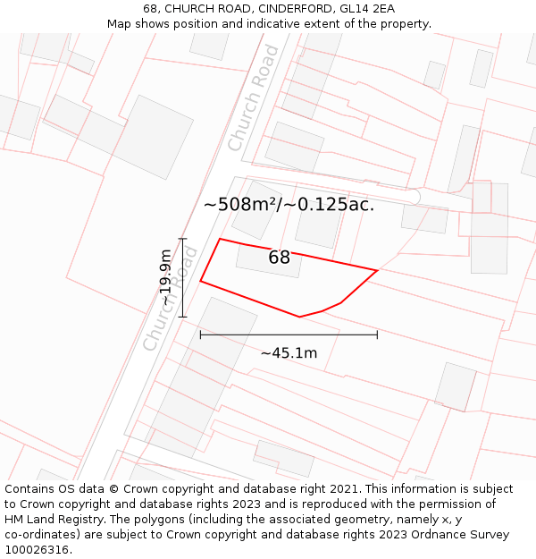 68, CHURCH ROAD, CINDERFORD, GL14 2EA: Plot and title map