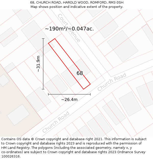 68, CHURCH ROAD, HAROLD WOOD, ROMFORD, RM3 0SH: Plot and title map