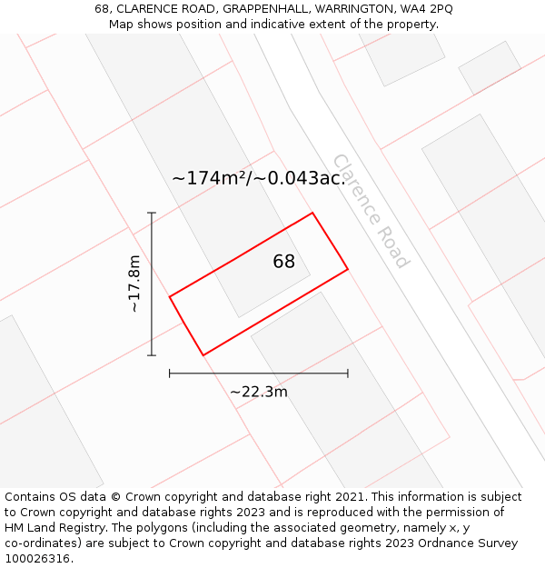 68, CLARENCE ROAD, GRAPPENHALL, WARRINGTON, WA4 2PQ: Plot and title map