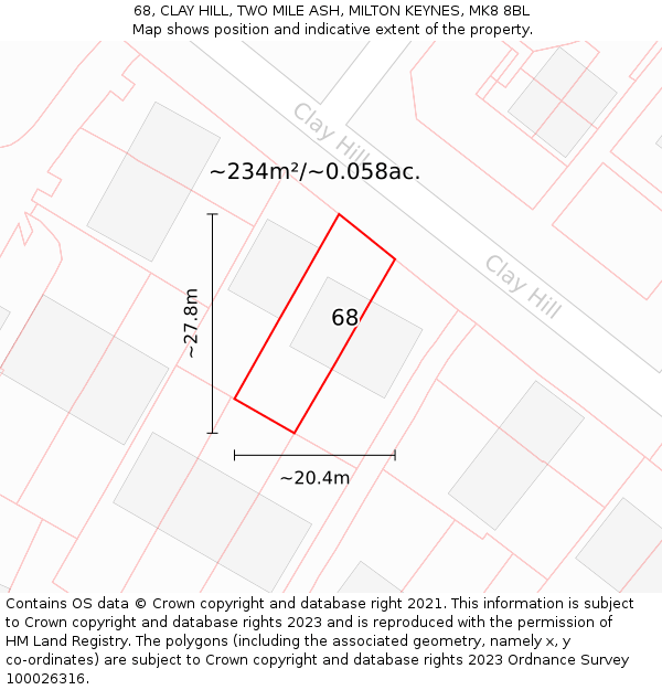 68, CLAY HILL, TWO MILE ASH, MILTON KEYNES, MK8 8BL: Plot and title map