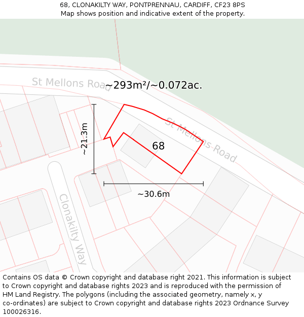 68, CLONAKILTY WAY, PONTPRENNAU, CARDIFF, CF23 8PS: Plot and title map