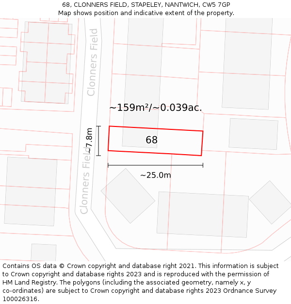 68, CLONNERS FIELD, STAPELEY, NANTWICH, CW5 7GP: Plot and title map