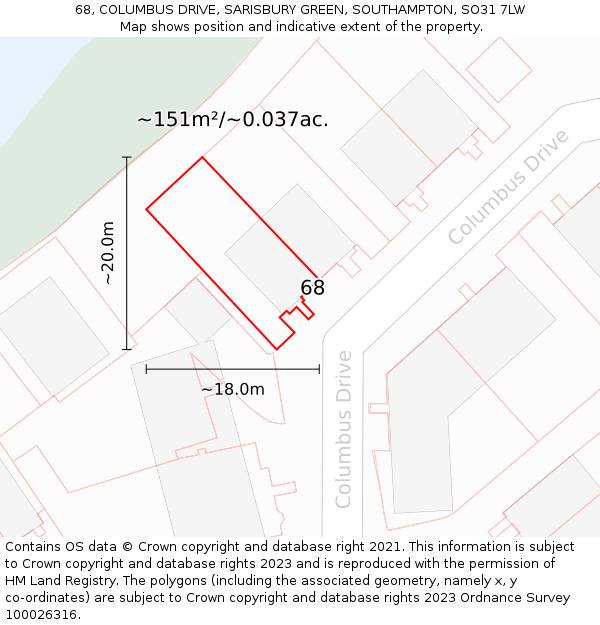 68, COLUMBUS DRIVE, SARISBURY GREEN, SOUTHAMPTON, SO31 7LW: Plot and title map