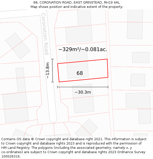 68, CORONATION ROAD, EAST GRINSTEAD, RH19 4AL: Plot and title map