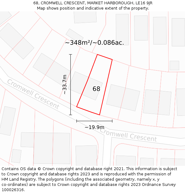 68, CROMWELL CRESCENT, MARKET HARBOROUGH, LE16 9JR: Plot and title map