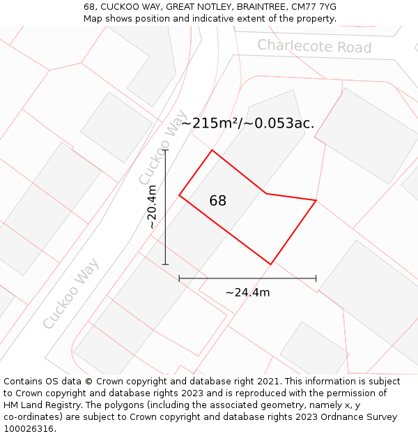 68, CUCKOO WAY, GREAT NOTLEY, BRAINTREE, CM77 7YG: Plot and title map