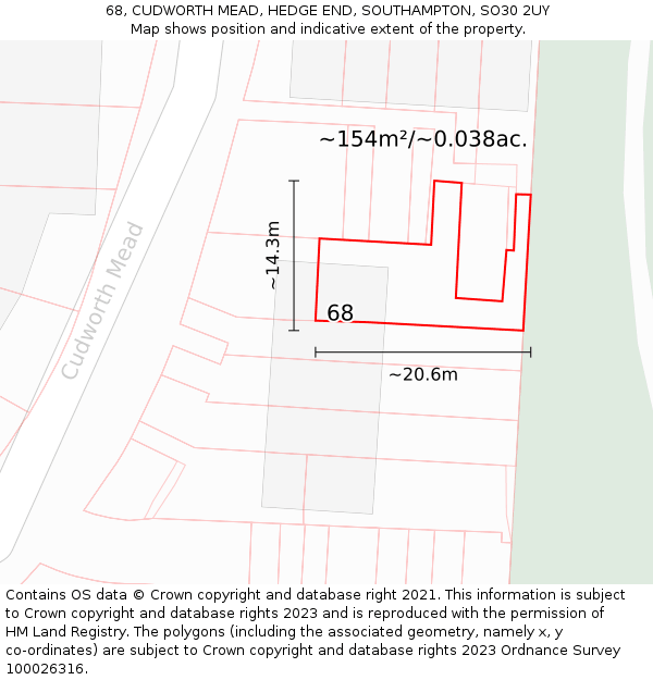 68, CUDWORTH MEAD, HEDGE END, SOUTHAMPTON, SO30 2UY: Plot and title map