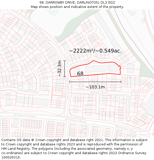 68, DARROWBY DRIVE, DARLINGTON, DL3 0GZ: Plot and title map