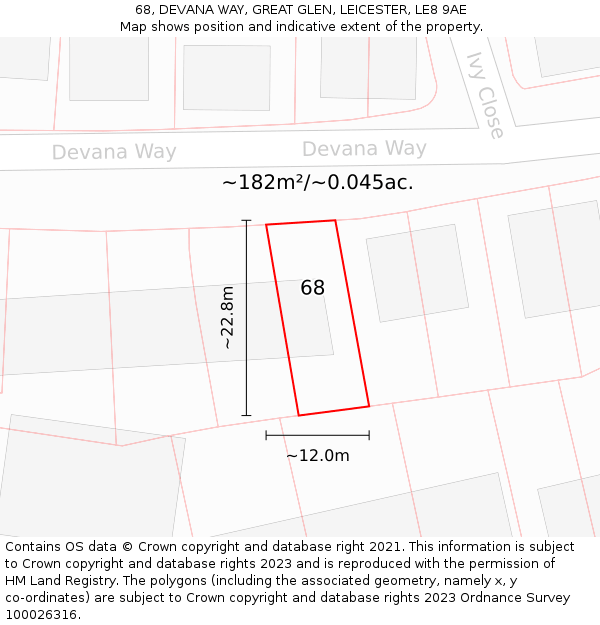 68, DEVANA WAY, GREAT GLEN, LEICESTER, LE8 9AE: Plot and title map