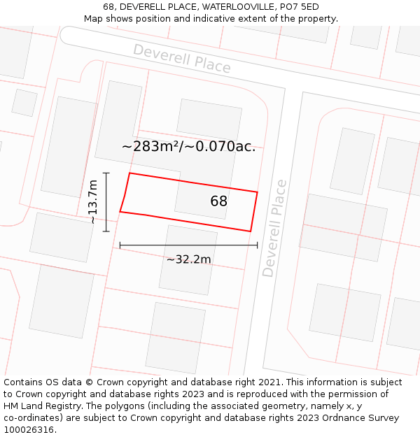 68, DEVERELL PLACE, WATERLOOVILLE, PO7 5ED: Plot and title map