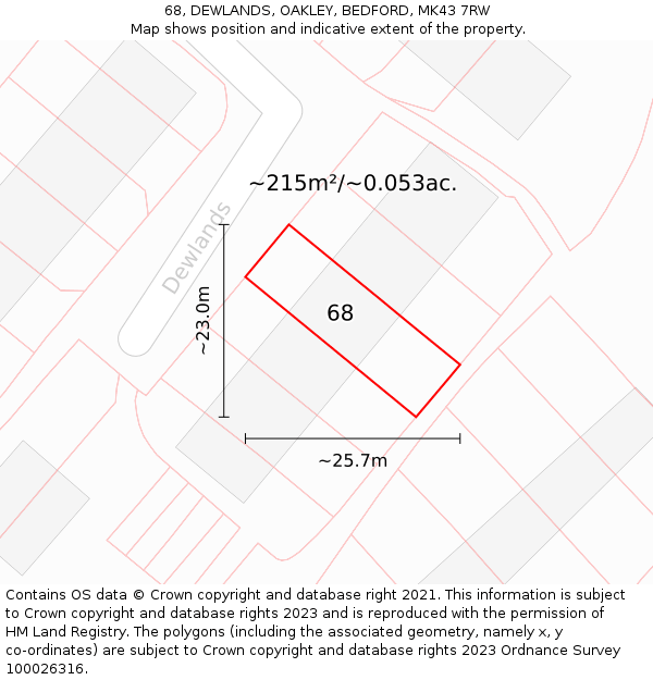 68, DEWLANDS, OAKLEY, BEDFORD, MK43 7RW: Plot and title map