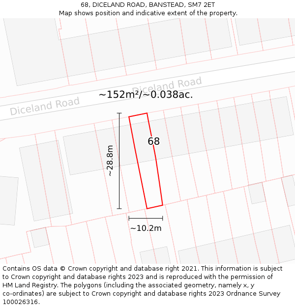 68, DICELAND ROAD, BANSTEAD, SM7 2ET: Plot and title map