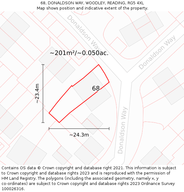 68, DONALDSON WAY, WOODLEY, READING, RG5 4XL: Plot and title map