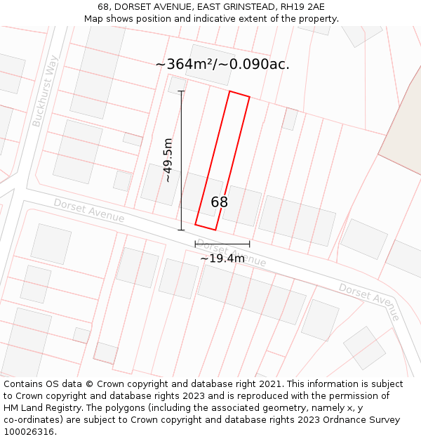 68, DORSET AVENUE, EAST GRINSTEAD, RH19 2AE: Plot and title map