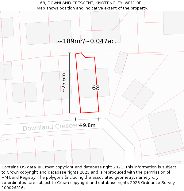 68, DOWNLAND CRESCENT, KNOTTINGLEY, WF11 0EH: Plot and title map