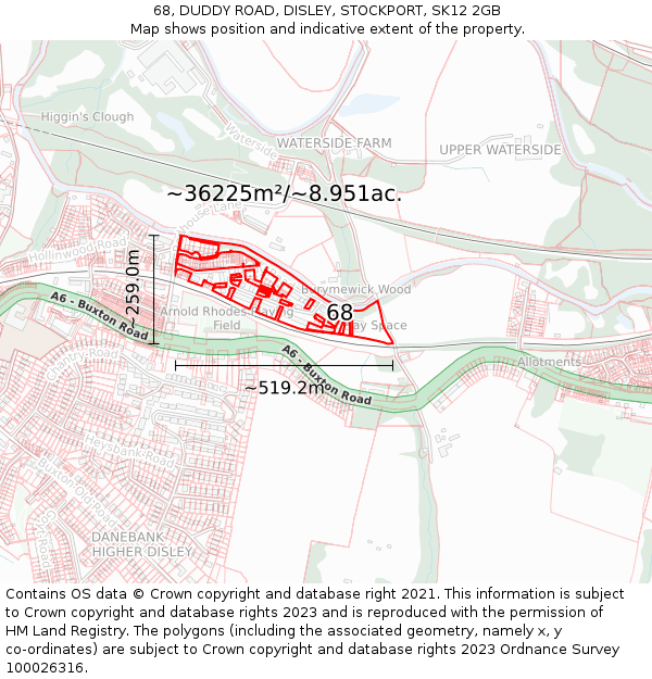 68, DUDDY ROAD, DISLEY, STOCKPORT, SK12 2GB: Plot and title map