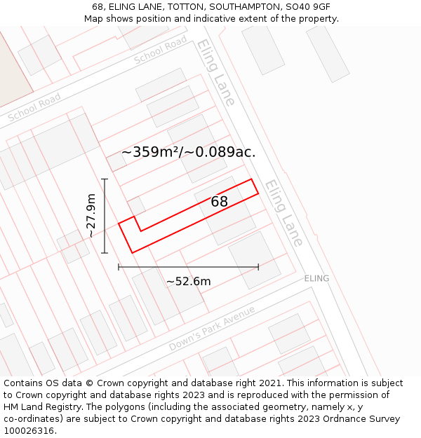 68, ELING LANE, TOTTON, SOUTHAMPTON, SO40 9GF: Plot and title map