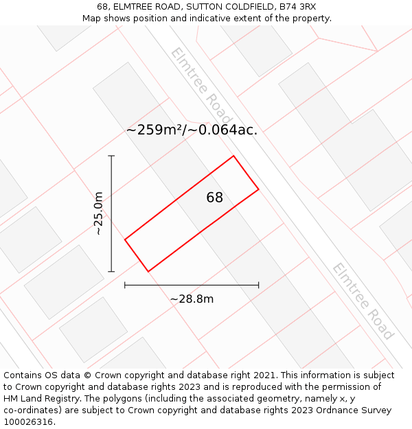 68, ELMTREE ROAD, SUTTON COLDFIELD, B74 3RX: Plot and title map