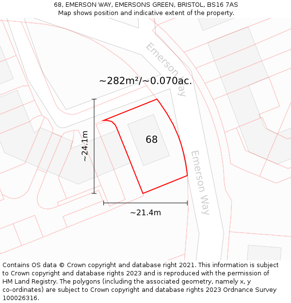 68, EMERSON WAY, EMERSONS GREEN, BRISTOL, BS16 7AS: Plot and title map