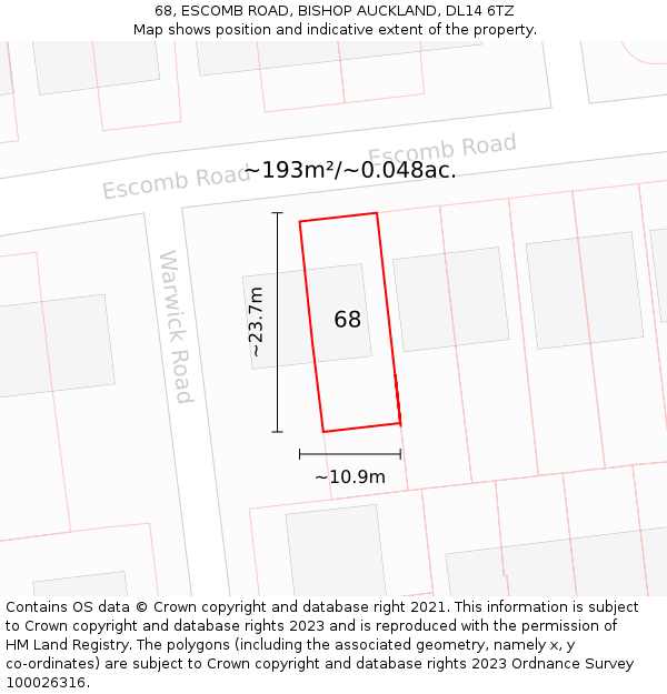 68, ESCOMB ROAD, BISHOP AUCKLAND, DL14 6TZ: Plot and title map