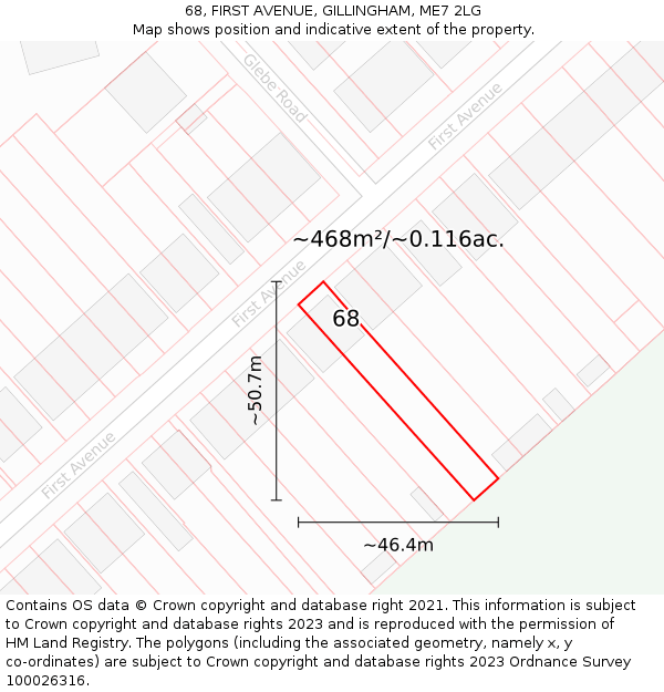 68, FIRST AVENUE, GILLINGHAM, ME7 2LG: Plot and title map