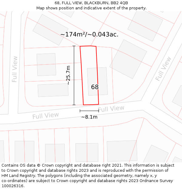 68, FULL VIEW, BLACKBURN, BB2 4QB: Plot and title map