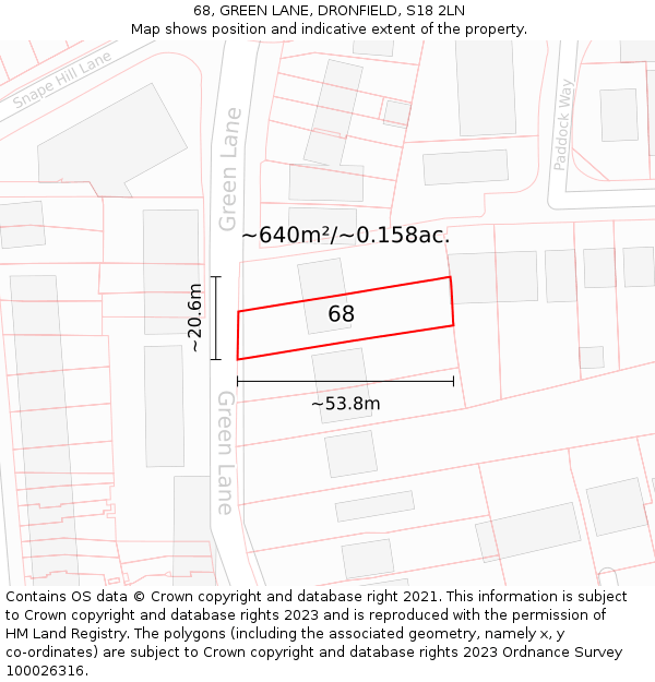 68, GREEN LANE, DRONFIELD, S18 2LN: Plot and title map