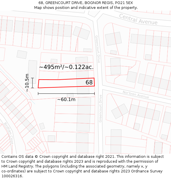 68, GREENCOURT DRIVE, BOGNOR REGIS, PO21 5EX: Plot and title map