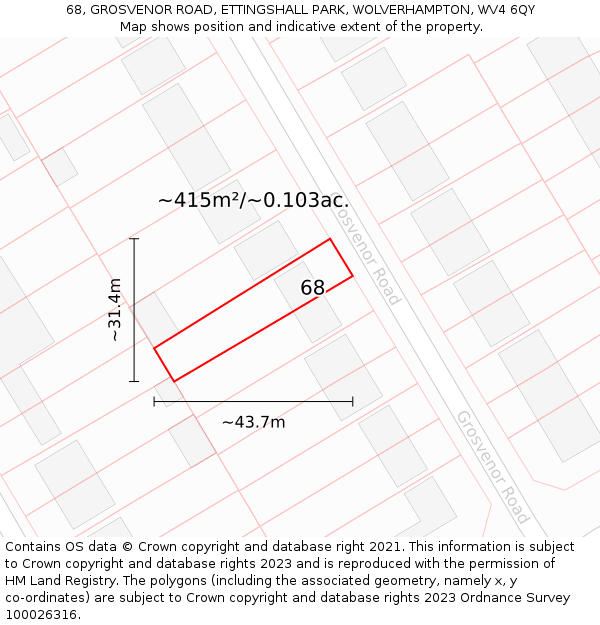 68, GROSVENOR ROAD, ETTINGSHALL PARK, WOLVERHAMPTON, WV4 6QY: Plot and title map