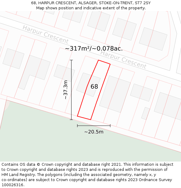 68, HARPUR CRESCENT, ALSAGER, STOKE-ON-TRENT, ST7 2SY: Plot and title map