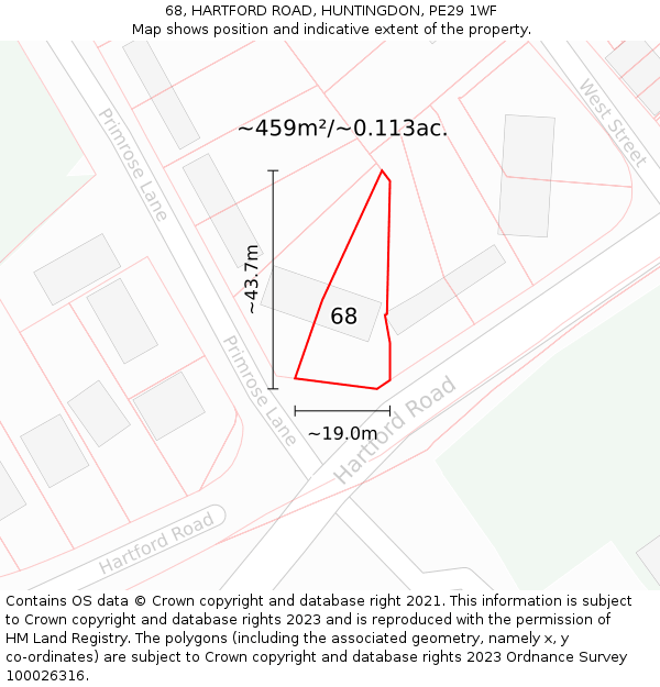 68, HARTFORD ROAD, HUNTINGDON, PE29 1WF: Plot and title map