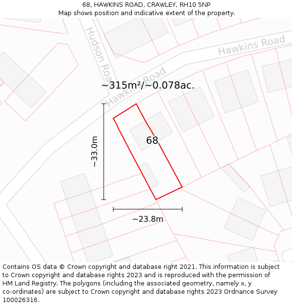 68, HAWKINS ROAD, CRAWLEY, RH10 5NP: Plot and title map