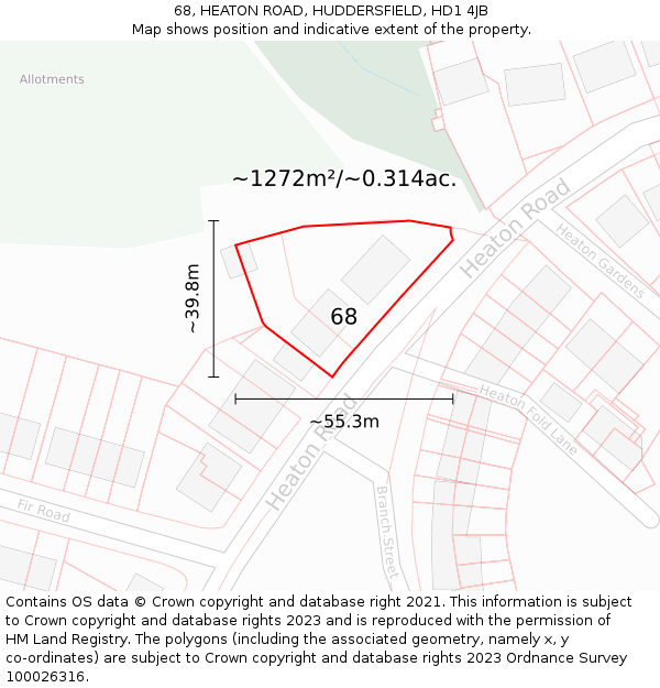 68, HEATON ROAD, HUDDERSFIELD, HD1 4JB: Plot and title map