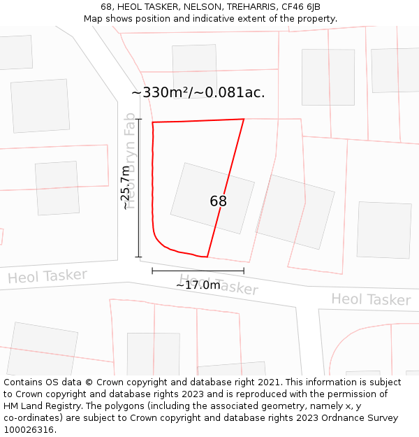 68, HEOL TASKER, NELSON, TREHARRIS, CF46 6JB: Plot and title map