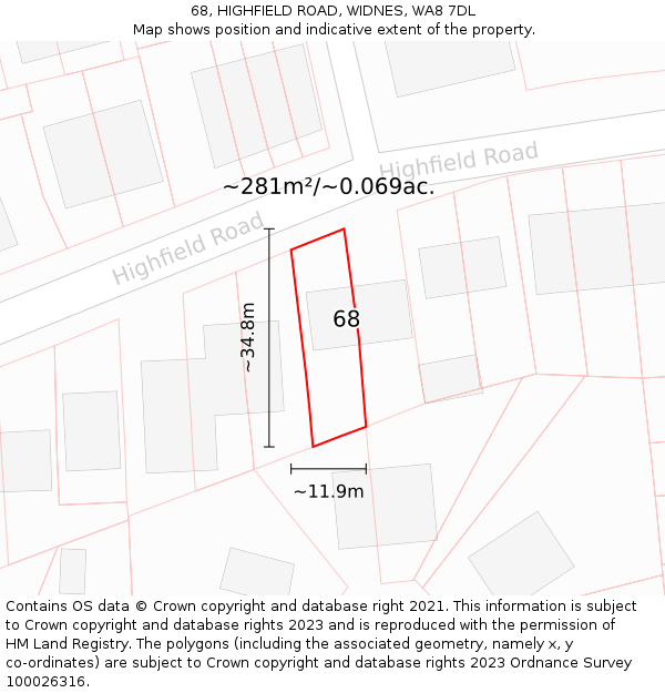 68, HIGHFIELD ROAD, WIDNES, WA8 7DL: Plot and title map