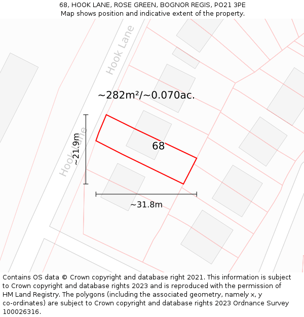 68, HOOK LANE, ROSE GREEN, BOGNOR REGIS, PO21 3PE: Plot and title map